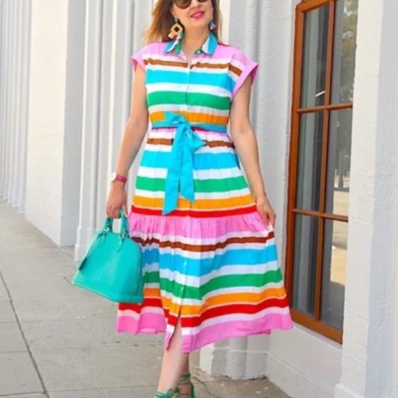 J CREW RAINBOW STRIPED COLLARED SHIRT MIDI TIE WAIST DRESS NWT - Picture 2 of 7